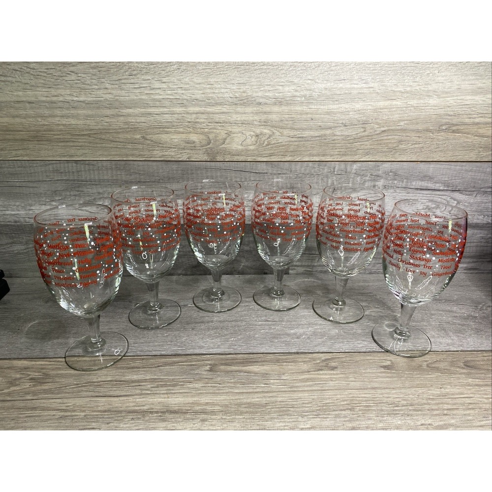 Set Of 6 Christmas Goblets Clear Glass With Red Happy Christmas Words Print